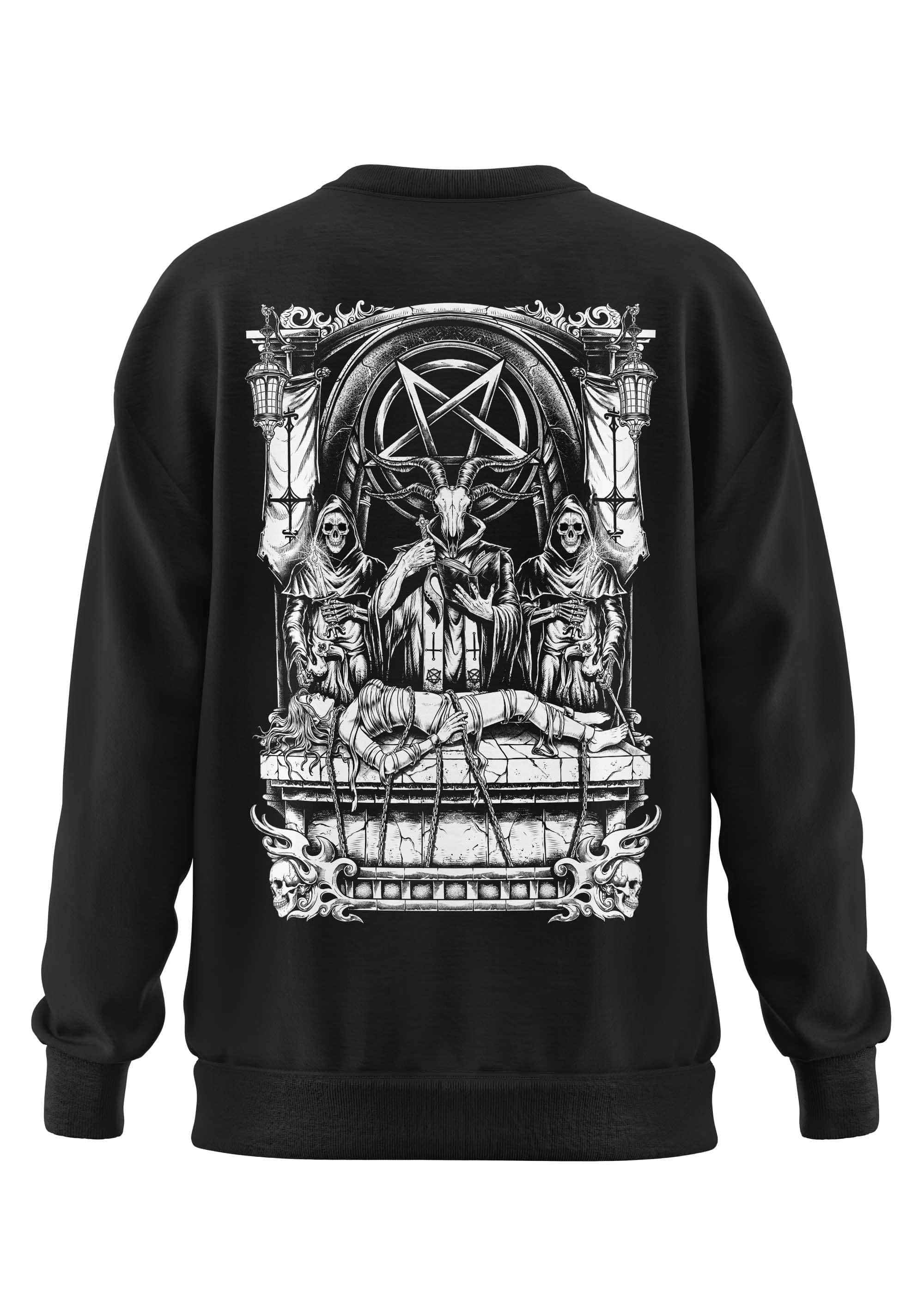 Schweres unisex sweatshirt sacrifice aus recyceltem polyester mit schwarzem grund und detailreicher schwarzweiß grafik